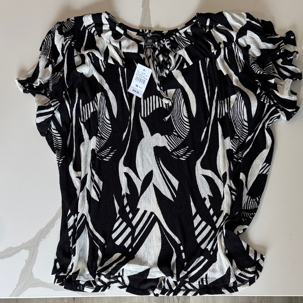 Ashley Stewart Black and Cream Patterned Blouse